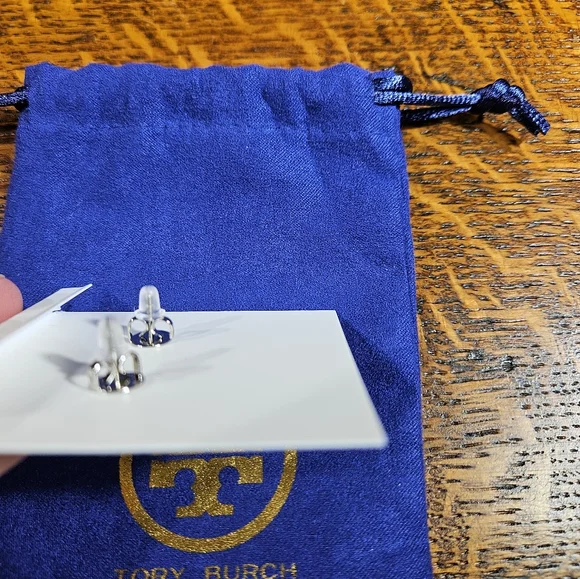 Tory Burch Kira Double Logo Linear Drop Earrings in Silver and Dustbag NWT - Picture 3 of 5